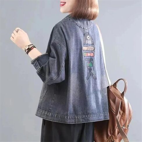 Women Cartoon Stitching Denim Jacket For Korean Oversized Vintage Basic Coat Female Clothing Jean Tops in Saudi Arabia