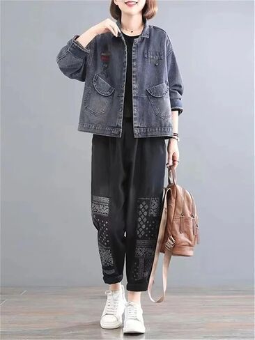 Women Cartoon Stitching Denim Jacket For Korean Oversized Vintage Basic Coat Female Clothing Jean Tops in Saudi Arabia