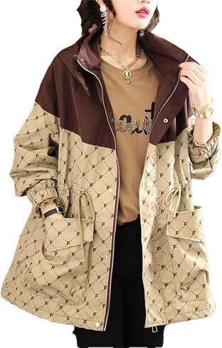 Ladies' Long Contrasting Letter Hooded Zipper Coat Windbreaker Versatile Loose Coat in Saudi Arabia
