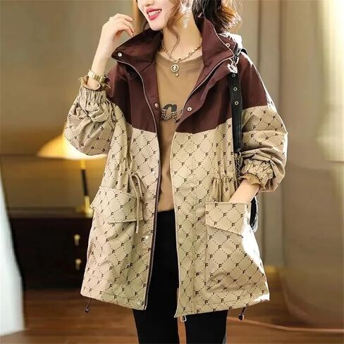 Ladies' Long Contrasting Letter Hooded Zipper Coat Windbreaker Versatile Loose Coat in Saudi Arabia
