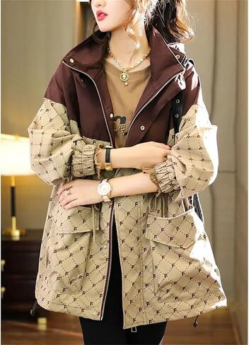 Ladies' Long Contrasting Letter Hooded Zipper Coat Windbreaker Versatile Loose Coat in Saudi Arabia