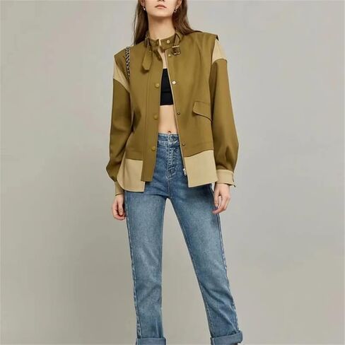 Women Contrast Splicing Sense Short Jacket Single-Breasted Coat Female Top in Saudi Arabia
