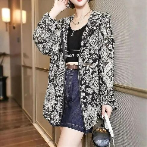 Women Printing Large Size Thin Sunscreen Clothing Jacket Summer Cardigan Loose Sunscreens Coat in Saudi Arabia