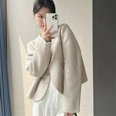 Women Vintage Elegant Short Two-Sided Wool Coat Korean Single Breasted Jackets All Match Outerwear in Saudi Arabia