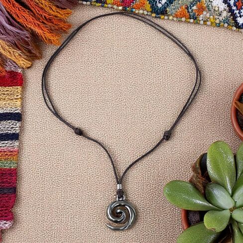 BlueRica Koru Spiral Wave Pendant on Adjustable Black Cord Necklace in Kuwait