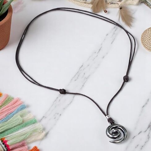 BlueRica Koru Spiral Wave Pendant on Adjustable Black Cord Necklace in Kuwait