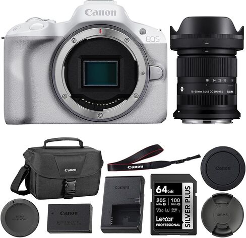 Canon EOS R50 Mirrorless Camera | White Bundle with Sigma 18-50mm f/2.8 DC DN Contemporary Lens + 64GB Memory Card + Camera Bag (5 Items) in Saudi Arabia
