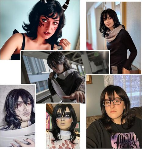 ANOGOL Hair Cap+Cosplay Wig Long Wavy Bangs Synthetic Hair Black Wigs For Women Girls Men Boys Dress Up Wig For Anime Cartoon Costume Party Wig For Halloween Wig For Christmas Wig in Saudi Arabia