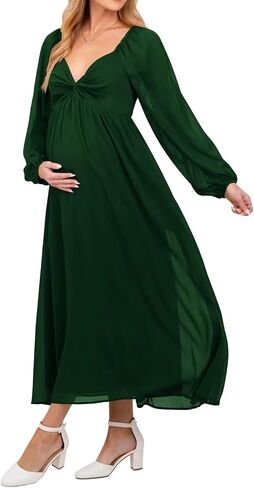 Chiffon V Neck Maternity Dresses for Baby Shower Long Puffy Sleeve Fall Pregnancy Photoshoot Dress for Women in Saudi Arabia