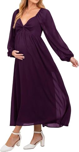 Chiffon V Neck Maternity Dresses for Baby Shower Long Puffy Sleeve Fall Pregnancy Photoshoot Dress for Women in Saudi Arabia