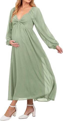 Chiffon V Neck Maternity Dresses for Baby Shower Long Puffy Sleeve Fall Pregnancy Photoshoot Dress for Women in Saudi Arabia