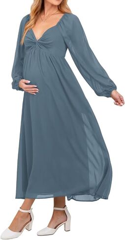 Chiffon V Neck Maternity Dresses for Baby Shower Long Puffy Sleeve Fall Pregnancy Photoshoot Dress for Women in Saudi Arabia