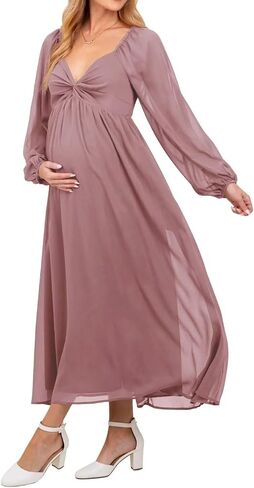 Chiffon V Neck Maternity Dresses for Baby Shower Long Puffy Sleeve Fall Pregnancy Photoshoot Dress for Women in Saudi Arabia