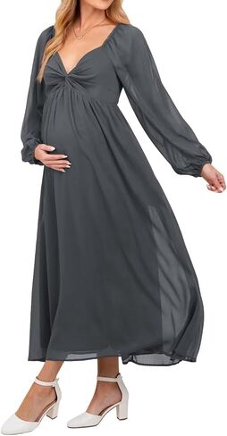 Chiffon V Neck Maternity Dresses for Baby Shower Long Puffy Sleeve Fall Pregnancy Photoshoot Dress for Women in Saudi Arabia