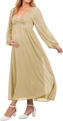 Chiffon V Neck Maternity Dresses for Baby Shower Long Puffy Sleeve Fall Pregnancy Photoshoot Dress for Women in Saudi Arabia