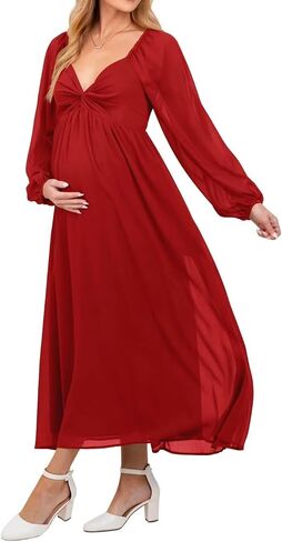 Chiffon V Neck Maternity Dresses for Baby Shower Long Puffy Sleeve Fall Pregnancy Photoshoot Dress for Women in Saudi Arabia
