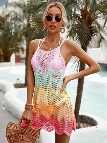 swimsuit coverup for women Colored Spaghetti Strap Hollow Out Cover-Up,Summer Beach in Saudi Arabia