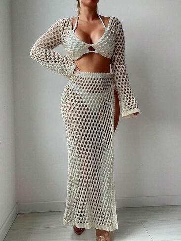 swimsuit coverup for women Beach Hollow Out Knit Cover-Up Set, Summer in Saudi Arabia