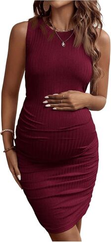 OYOANGLE Women's Maternity Rib Knit Sleeveless Tank Dress Crew Neck Ruched Knitted Bodycon Short Dresses in Saudi Arabia