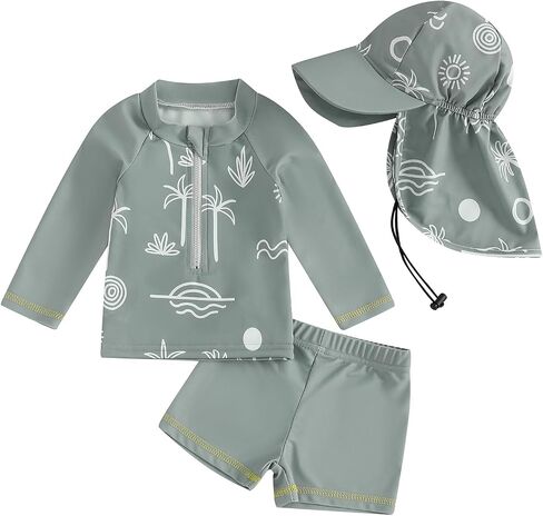 Toddler Baby Boy Swimsuit Long Sleeve Zip Tops with Shorts Hat Rash Guard Swimwear Bathing Suit UPF 50+ in Saudi Arabia