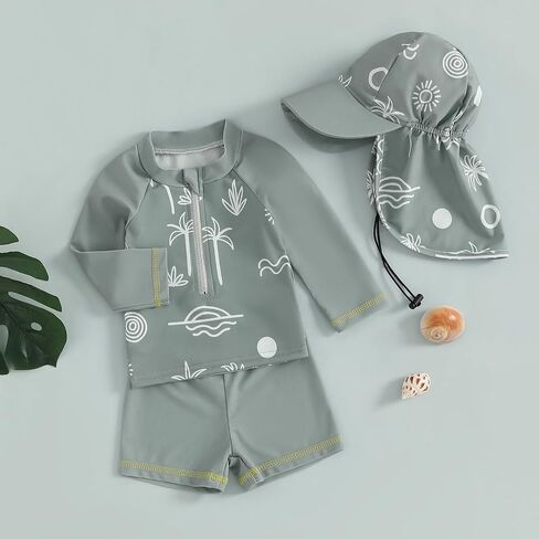 Toddler Baby Boy Swimsuit Long Sleeve Zip Tops with Shorts Hat Rash Guard Swimwear Bathing Suit UPF 50+ in Saudi Arabia