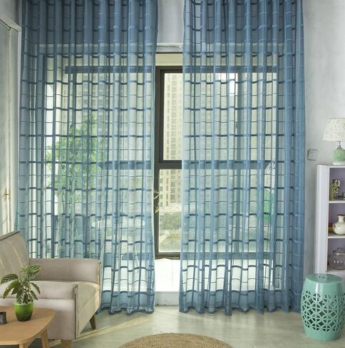 Linen Sheer Curtains Window Treatments Rod Pocket for Living Room Bedroom Lace Screen Fabric Korean Plaid Jacquard (2 Panels, W 54 x L 63 inch, Yellow) in Kuwait