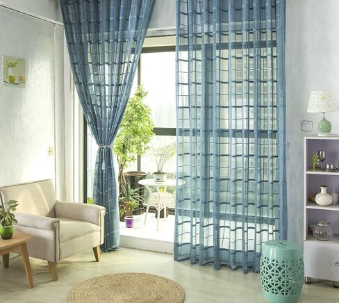Linen Sheer Curtains Window Treatments Rod Pocket for Living Room Bedroom Lace Screen Fabric Korean Plaid Jacquard (2 Panels, W 54 x L 63 inch, Yellow) in Kuwait
