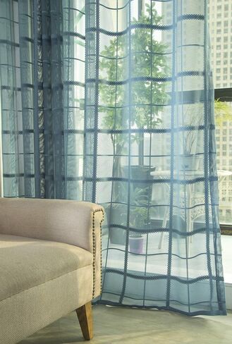 Linen Sheer Curtains Window Treatments Rod Pocket for Living Room Bedroom Lace Screen Fabric Korean Plaid Jacquard (2 Panels, W 54 x L 63 inch, Yellow) in Kuwait
