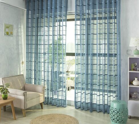 Linen Sheer Curtains Window Treatments Rod Pocket for Living Room Bedroom Lace Screen Fabric Korean Plaid Jacquard (2 Panels, W 54 x L 63 inch, Yellow) in Kuwait
