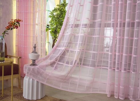 Linen Sheer Curtains Window Treatments Rod Pocket for Living Room Bedroom Lace Screen Fabric Korean Plaid Jacquard (2 Panels, W 54 x L 63 inch, Yellow) in Kuwait
