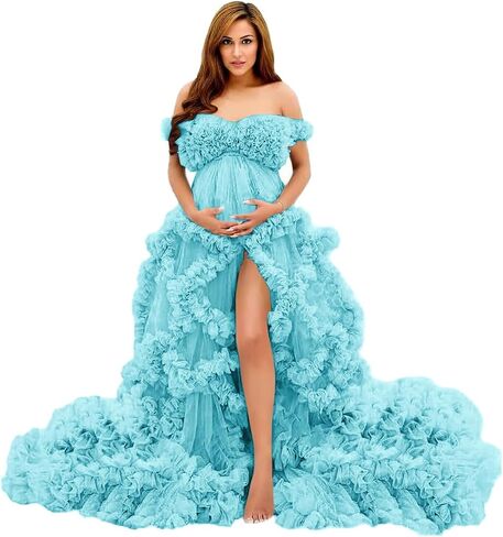 Tulle Maternity Dress for Photoshoot Puffy Ruffles Pregnancy Gowns for Baby Shower Off Shoulder Robe with Train in Saudi Arabia