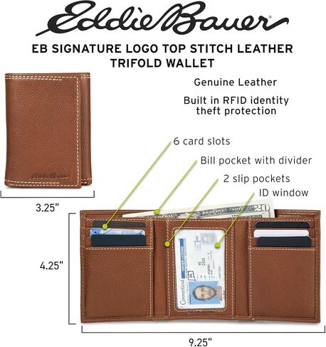 محفظة Eddie Bauer الرجالية المميزة ذات الغرزة الجلدية ثلاثية الطي مع 6 فتحات للبطاقات وحماية RFID، أسمر ضارب للصفرة، مقاس واحد in Saudi Arabia