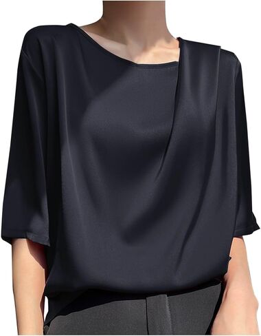 Women's Summer Dressy Casual Short Sleeve Shirts Drop Shoulder Crewneck Silk Satin Business Office Work Blouse Tops in Kuwait
