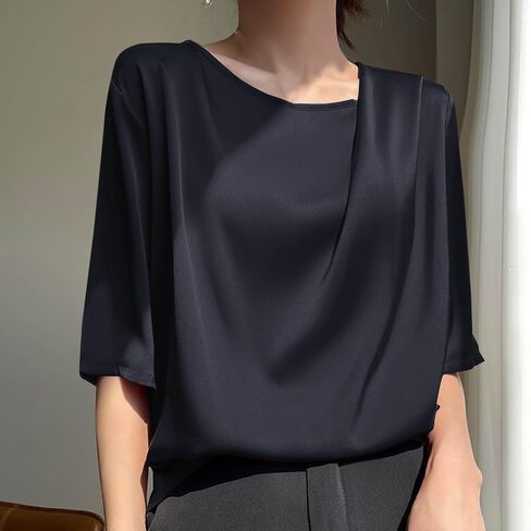 Women's Summer Dressy Casual Short Sleeve Shirts Drop Shoulder Crewneck Silk Satin Business Office Work Blouse Tops in Kuwait
