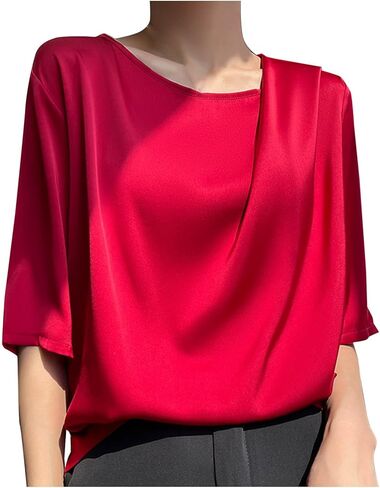 Women's Summer Dressy Casual Short Sleeve Shirts Drop Shoulder Crewneck Silk Satin Business Office Work Blouse Tops in Kuwait