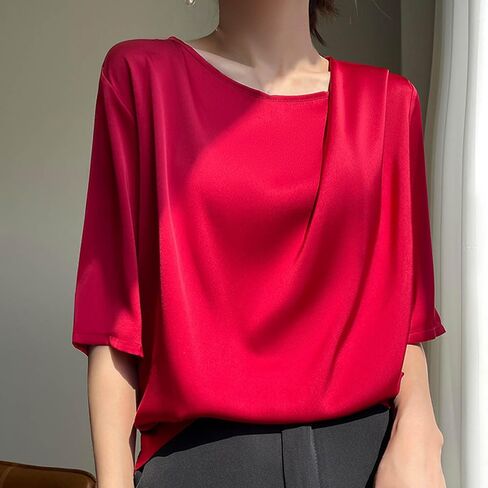 Women's Summer Dressy Casual Short Sleeve Shirts Drop Shoulder Crewneck Silk Satin Business Office Work Blouse Tops in Kuwait