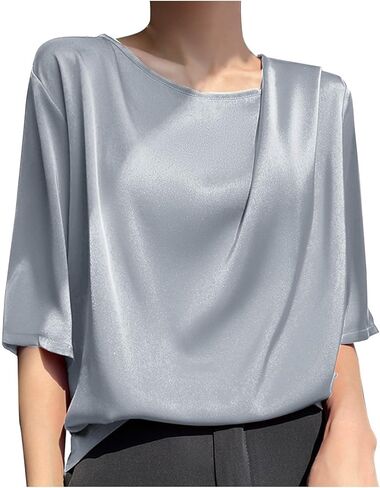 Women's Summer Dressy Casual Short Sleeve Shirts Drop Shoulder Crewneck Silk Satin Business Office Work Blouse Tops in Kuwait