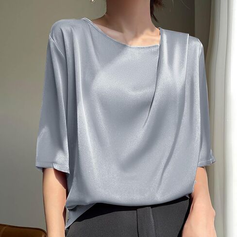 Women's Summer Dressy Casual Short Sleeve Shirts Drop Shoulder Crewneck Silk Satin Business Office Work Blouse Tops in Kuwait