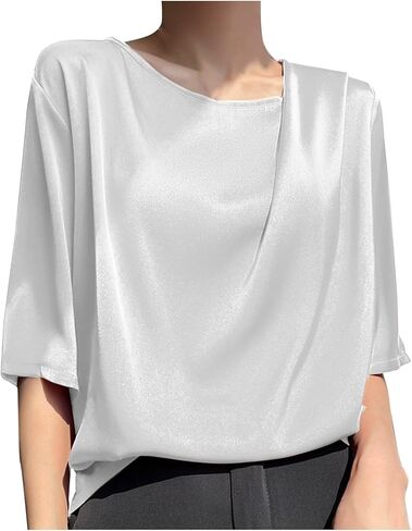 Women's Summer Dressy Casual Short Sleeve Shirts Drop Shoulder Crewneck Silk Satin Business Office Work Blouse Tops in Kuwait