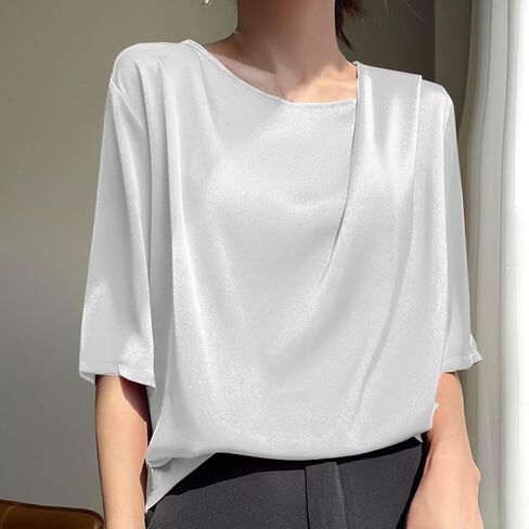 Women's Summer Dressy Casual Short Sleeve Shirts Drop Shoulder Crewneck Silk Satin Business Office Work Blouse Tops in Kuwait