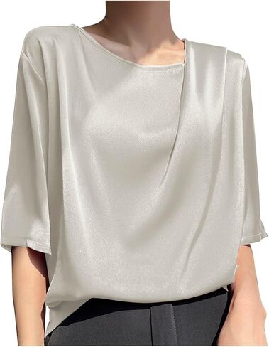 Women's Summer Dressy Casual Short Sleeve Shirts Drop Shoulder Crewneck Silk Satin Business Office Work Blouse Tops in Kuwait