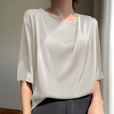 Women's Summer Dressy Casual Short Sleeve Shirts Drop Shoulder Crewneck Silk Satin Business Office Work Blouse Tops in Kuwait