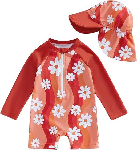 Toddler Girls Beach Swimwear Long Sleeve Floral/Tropical Tree Print Zip Up Bathing Suits with Hat Baby Swimsuit in Saudi Arabia