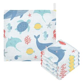 Burbuja Ocean Sea Fish Baby Washcloths - Muslin Cotton Soft Absorbent Baby Towel for Newborn Baby Sensitive Skin - Baby Essential Item, 12x12 in, 5 Pack