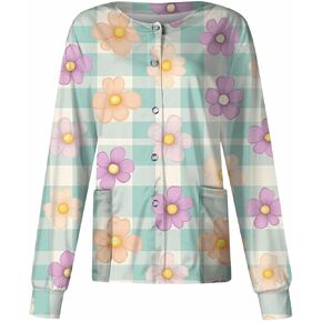 Womens Scrub Jacket Cute Long Sleeve Single Breasted Floral Printed Nurse Workwear Uniform with Pockets Scrub Jackets