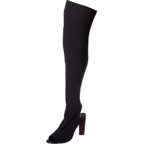 Cape Robbin Connie-11 Black Stretch OTK Thigh High Open Peep Toe Block Heel Boot