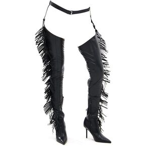 MissHeel Thigh High Belted Chap Boots with Fringe Sexy Over the Knee Stiletto Boot Side Zipper