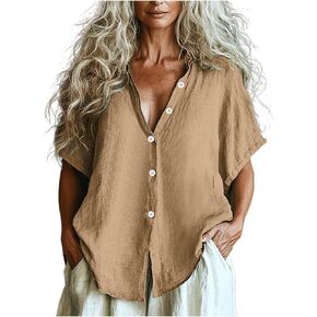 Women Linen Button Down Short Sleeve Lapel Collar Blouse Ladies Summer Casual Dressy V Neck Beach Cotton Shirt Tops