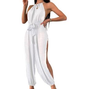 Women Swimsuit Cover Up Summer Beach Solid Slit Belted Neck Cover Up Jumpsuit