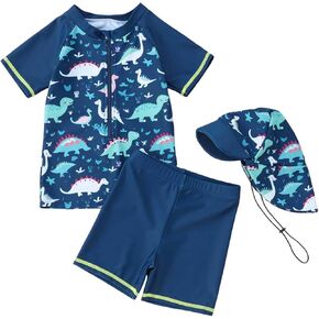 Toddler Swimsuit Boy 3 Piece Boys' Swimwear Zipper Cartoon Print Swim Shirts Swimming Trunks Bathing Suits with Sun Hat